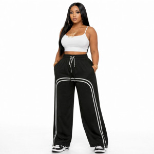 Black Wide Leg Track Pants with Side Stripes Zip Hem Streetwear Trousers
